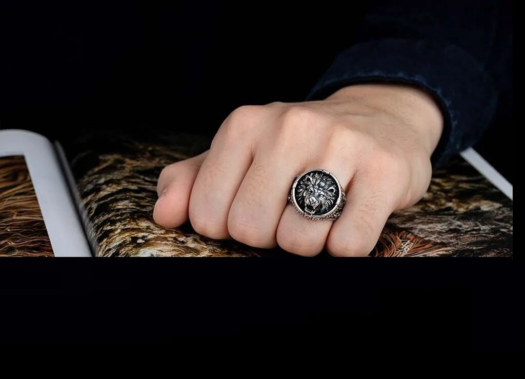 Oxidized Silver Ring With Roaring Lion Secondary image