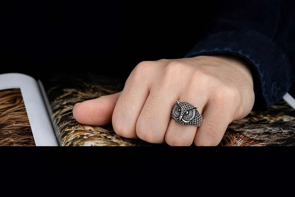 Oxidized Owl Head Silver Ring Secondary image
