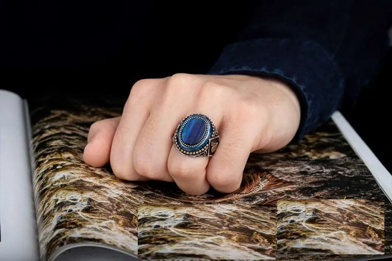 Oval Blue Tiger Eye Silver Ring With Tughra Secondary image
