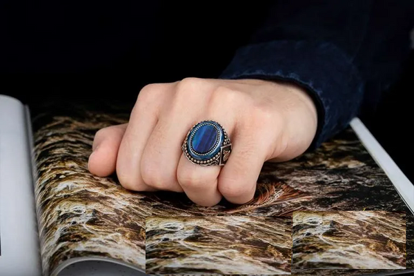 Oval Blue Tiger Eye Silver Ring With Tughra