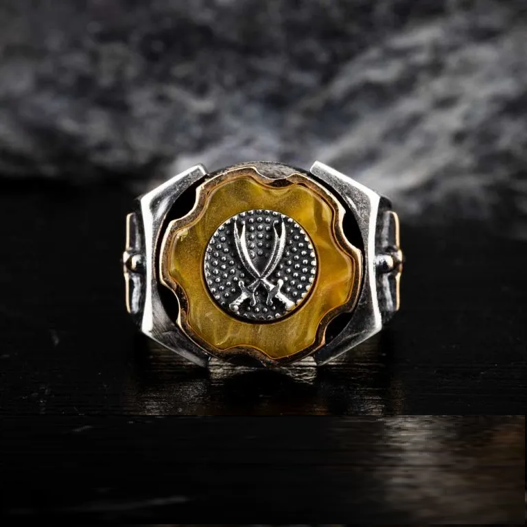 Tiger Eye Crossed Swords Design Spinner Ring With Sword Figure Secondary image
