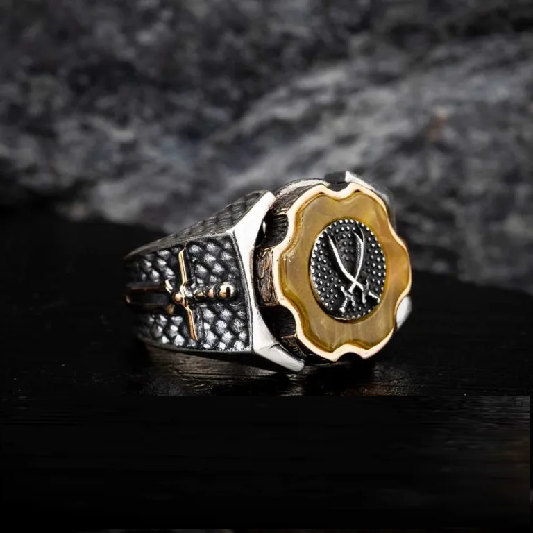 Tiger Eye Crossed Swords Design Spinner Ring With Sword Figure Main image