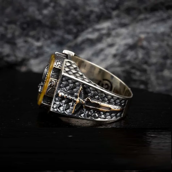 Tiger Eye Crossed Swords Design Spinner Ring With Sword Figure