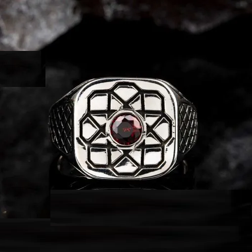 Single Red Zircon Rectangle Silver Ring Main image