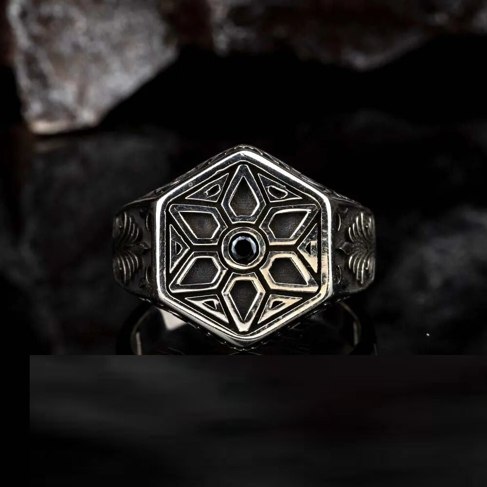 Single Black Zircon Hexagon Silver Ring Main image