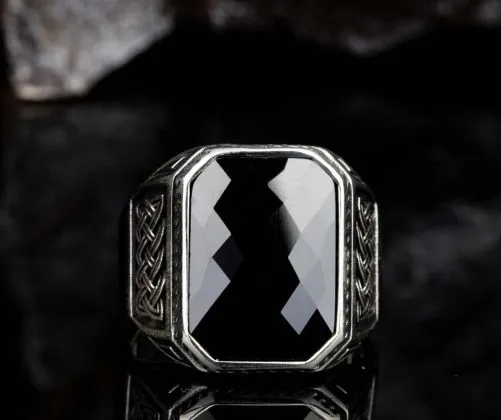 Black Zircon Knit Ornament Silver Ring Main image