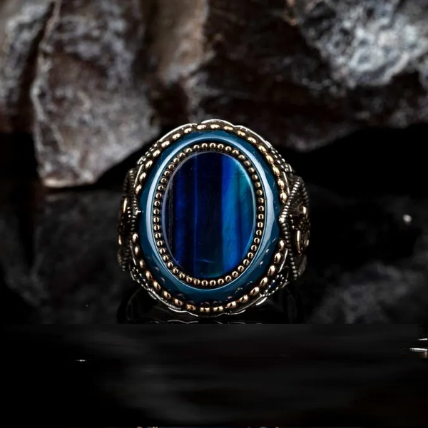 Oval Blue Tiger Eye Silver Ring With Tughra
