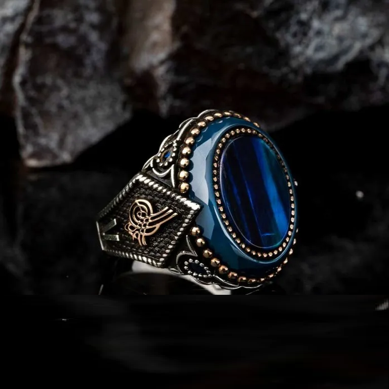 Oval Blue Tiger Eye Silver Ring With Tughra Main image