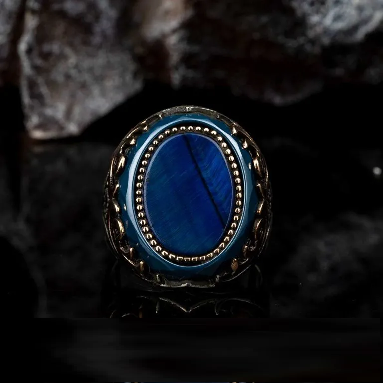 Oval Blue Tiger Eye Ornamented Silver Ring Secondary image