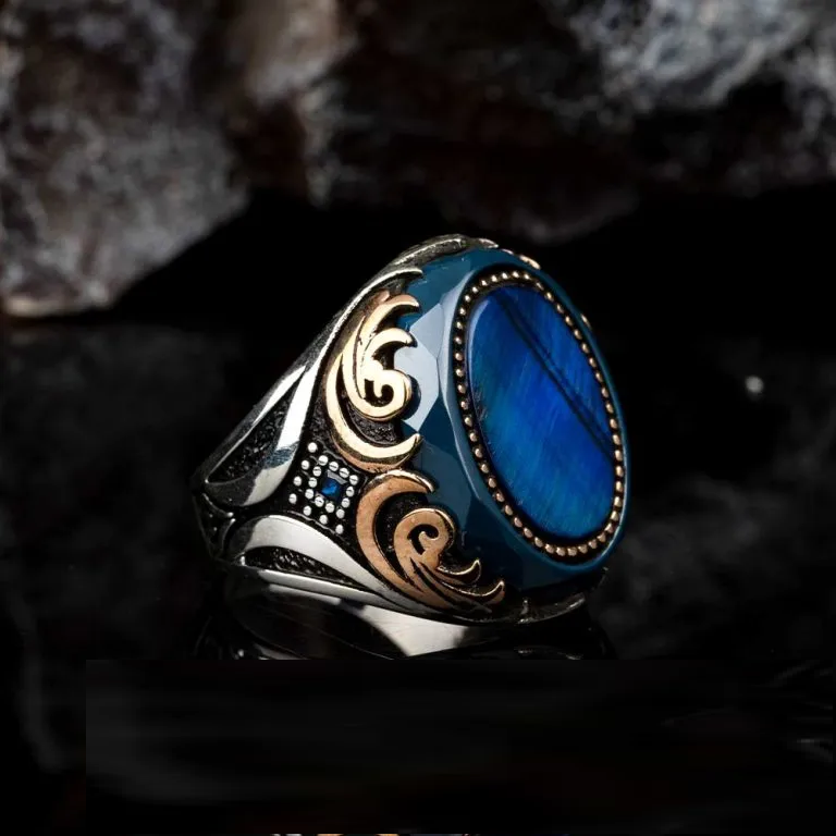 Oval Blue Tiger Eye Ornamented Silver Ring Main image