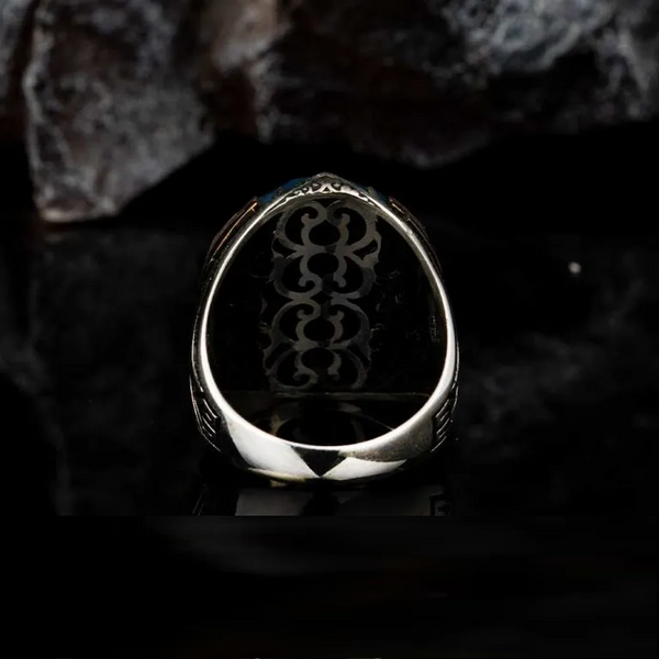 Oval Blue Tiger Eye Ornamented Silver Ring