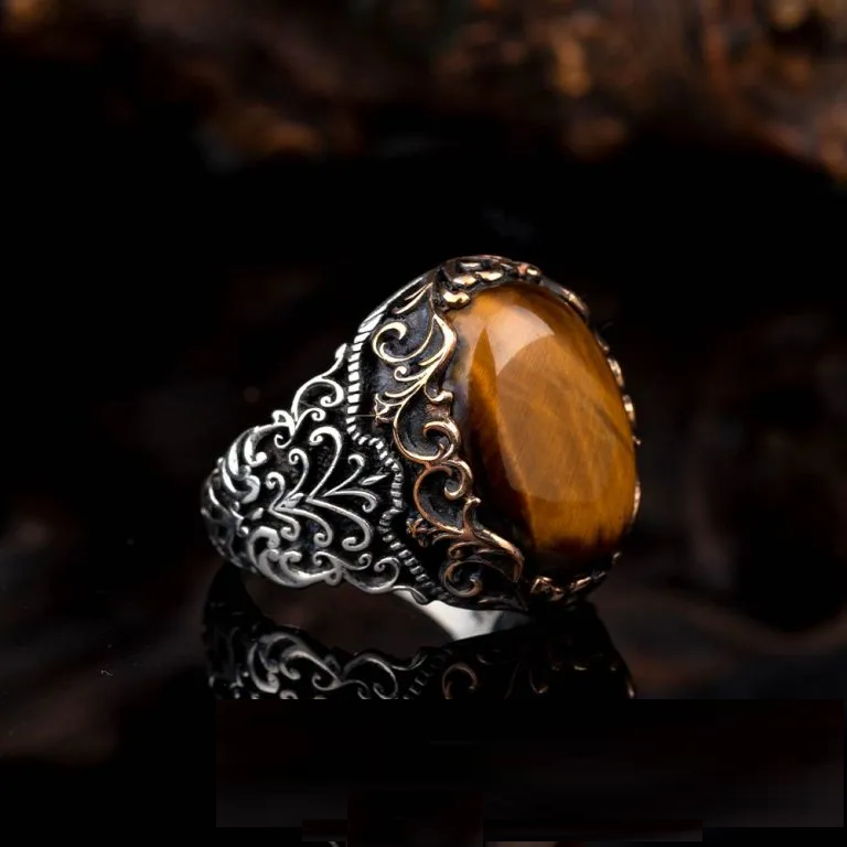Brown Tiger Eye Oval Designer Silver Ring Main image