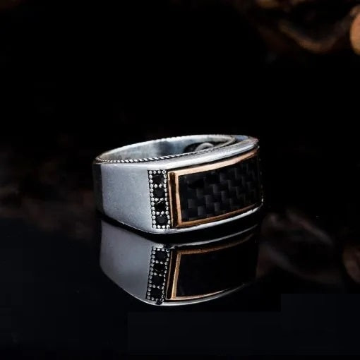 Elegant Cut Black Carbon Silver Ring Secondary image