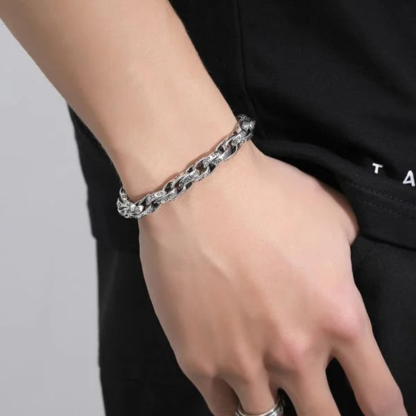Sterling Silver Buddhist Mantra Vajra Pestle Byzantine Chain Bracelet Secondary image
