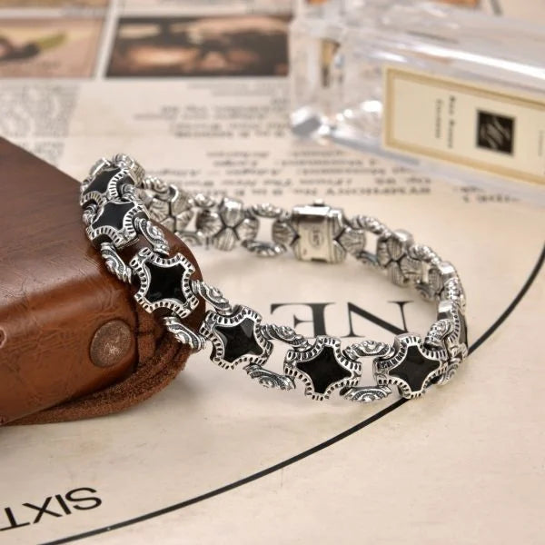 Sterling Silver Vintage Crucifix Flower Heavy Work Bracelet