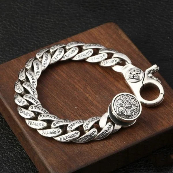 Sterling Silver Buddhist Mantra Vajra Pestle Curb Chain Bracelet Main image