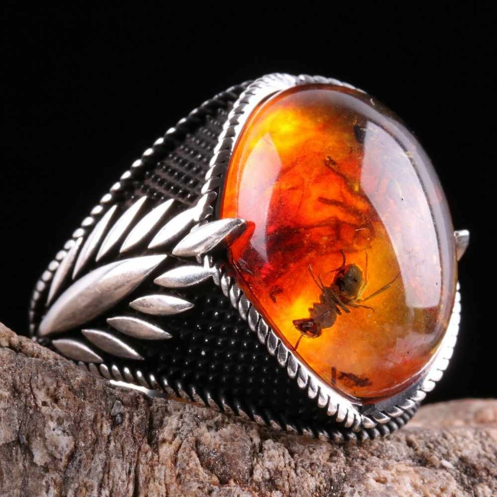 Silver Ant Fossil Amber Stone Nice Mens Ring Main image