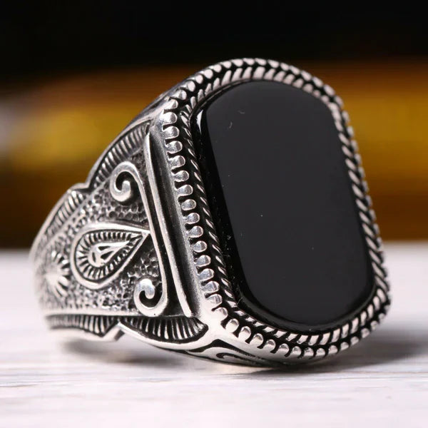 Silver Antique Black Onyx Stone Mens Ring Main image