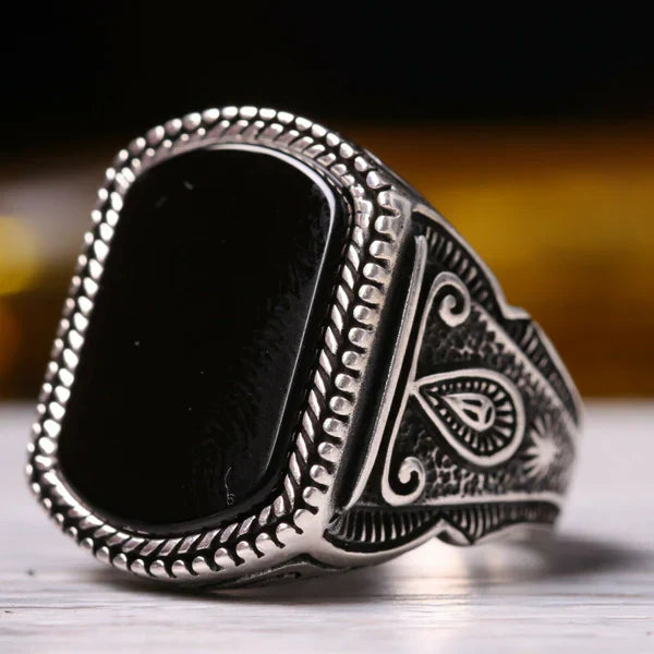 Silver Antique Black Onyx Stone Mens Ring