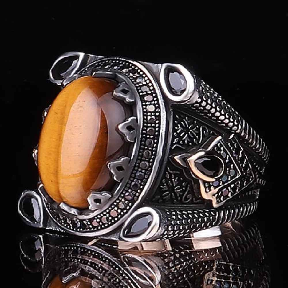 Silver Attractive Natural Tigers Eye Stone Mens Ring Main image