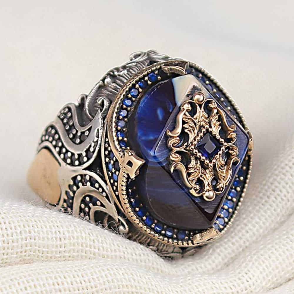 Silver Blue Amber Stone Mens Ring Main image