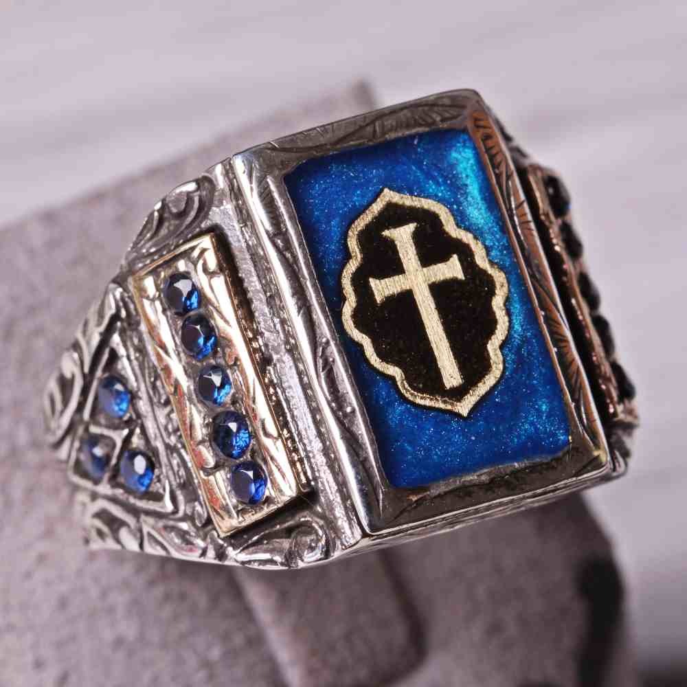Silver Christian Cross Sapphire Religious Mens Ring Main image