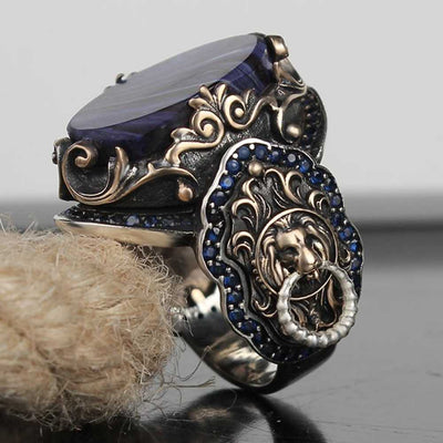 Silver Clear Amber and Sapphire Stone Lion Mens Ring Secondary image