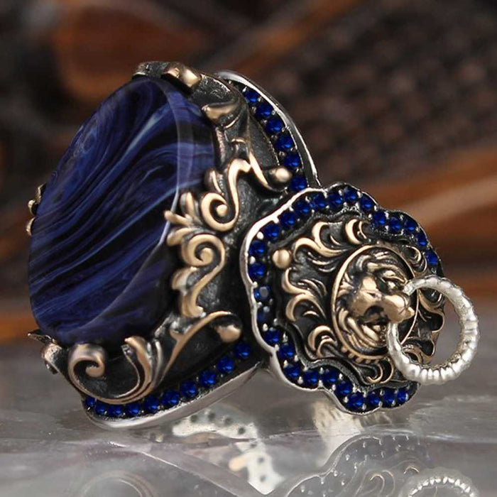 Silver Clear Amber and Sapphire Stone Lion Mens Ring Main image