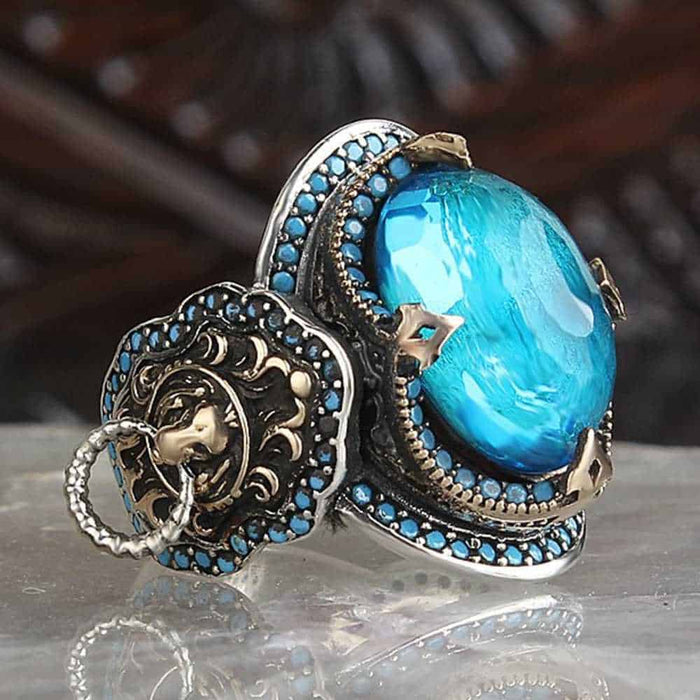 Silver Clear Aquamarine Stone King Lion Mens Ring Main image