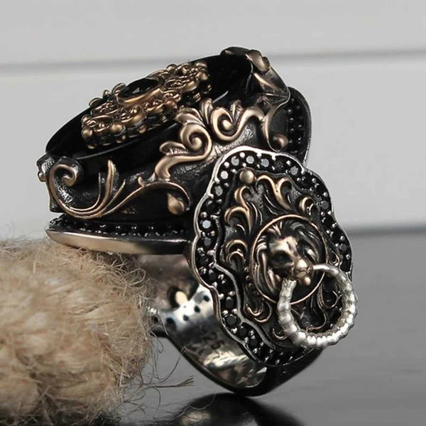 Silver Clear Onyx Stone Lion Mens Ring