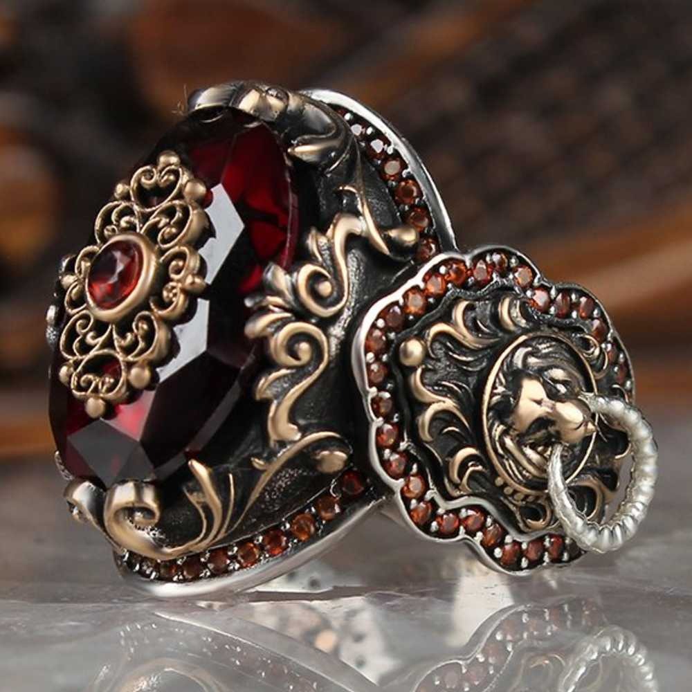Silver Clear Ruby Stone Lion Mens Ring Main image