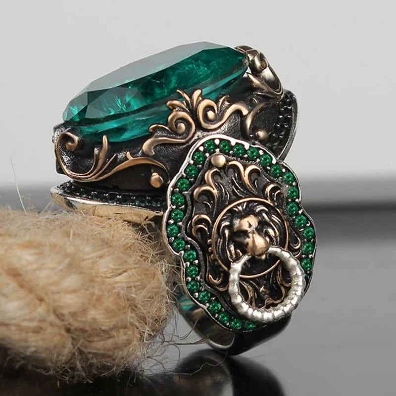 Silver Clear Tourmaline Stone Lion Mens Ring Main image