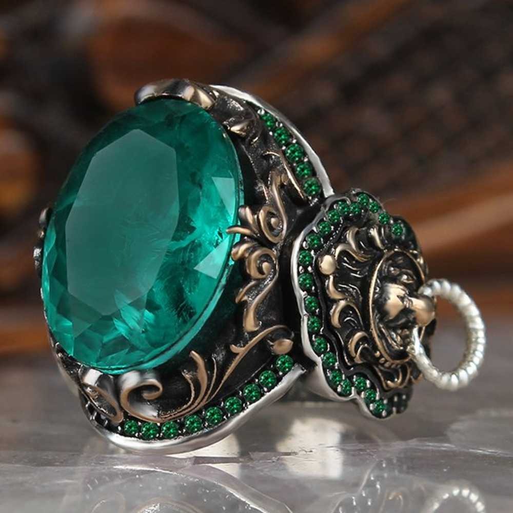 Silver Clear Tourmaline Stone Lion Mens Ring Secondary image