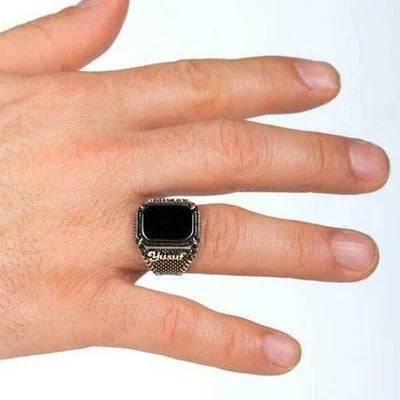 Silver Customizable Black Onyx Stone Mens Ring Secondary image