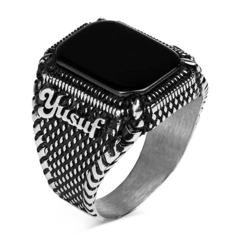 Silver Customizable Black Onyx Stone Mens Ring Main image