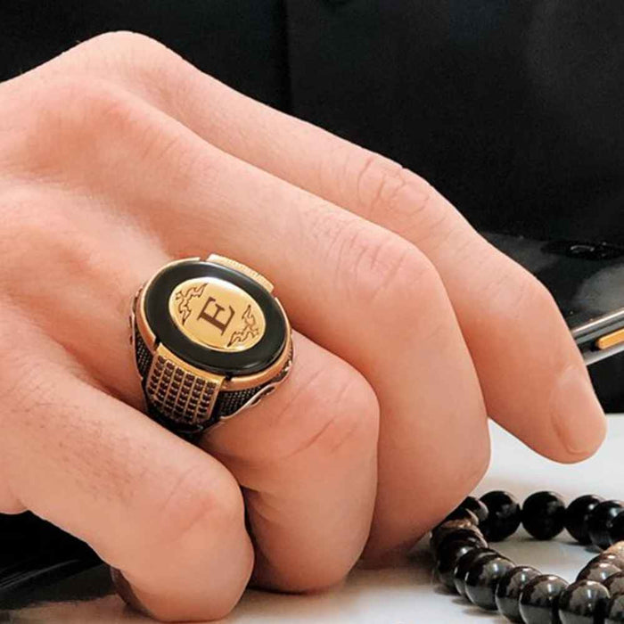 Silver Customizable Onyx Stone Letter Mens Ring Secondary image