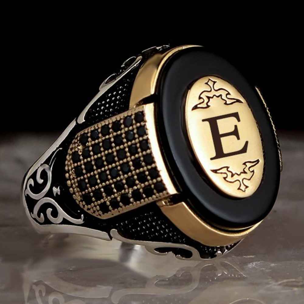 Silver Customizable Onyx Stone Letter Mens Ring Main image
