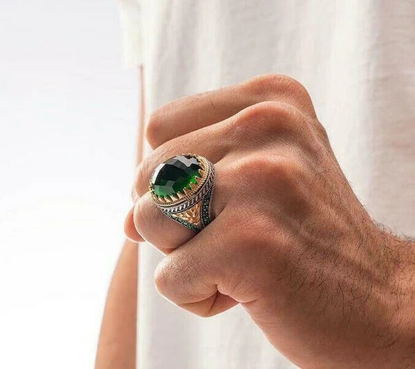 Silver Faceted Cut Emerald Stone Mens Ring Secondary image