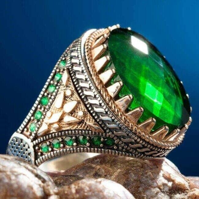 Silver Faceted Cut Emerald Stone Mens Ring Main image