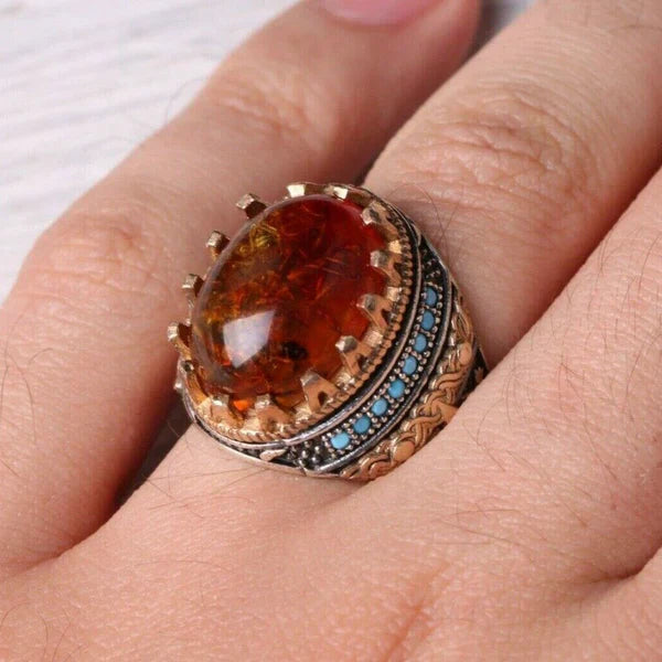 Silver Fossil Amber and Turquoise Stone Luxury Mens Ring Secondary image
