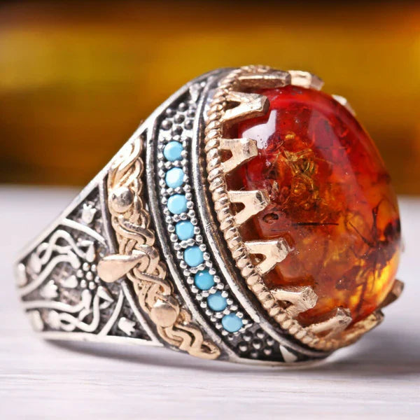 Silver Fossil Amber and Turquoise Stone Luxury Mens Ring Main image