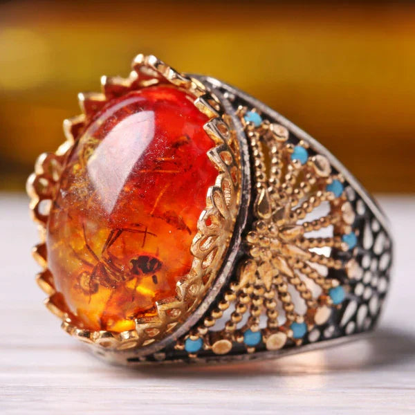Silver Fossil Amber and Turquoise Stone Mens Ring Main image