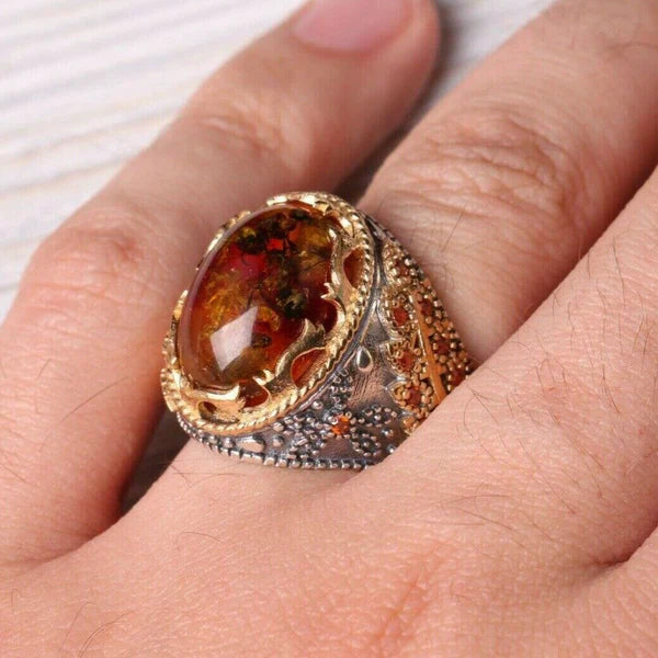Silver Fossil Amber and Turquoise Stone Mens Ring Secondary image