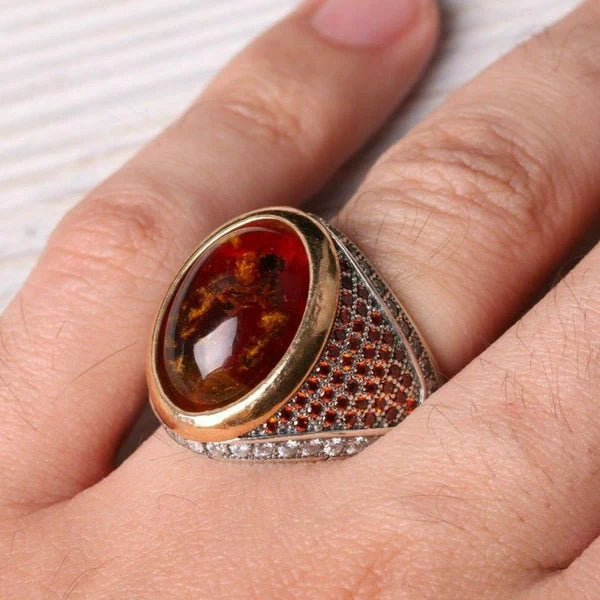 Silver Fossil Amber and Zircon Stone Mens Ring Secondary image