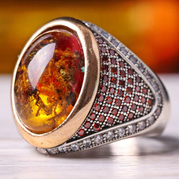 Silver Fossil Amber and Zircon Stone Mens Ring Main image