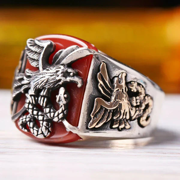 Silver Freedom Eagle Style Agate Aqeeq Stone Mens Ring Main image
