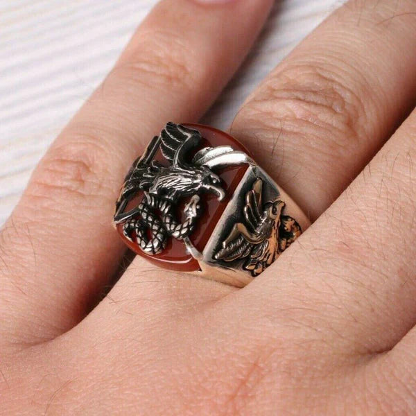 Silver Freedom Eagle Style Agate Aqeeq Stone Mens Ring Secondary image