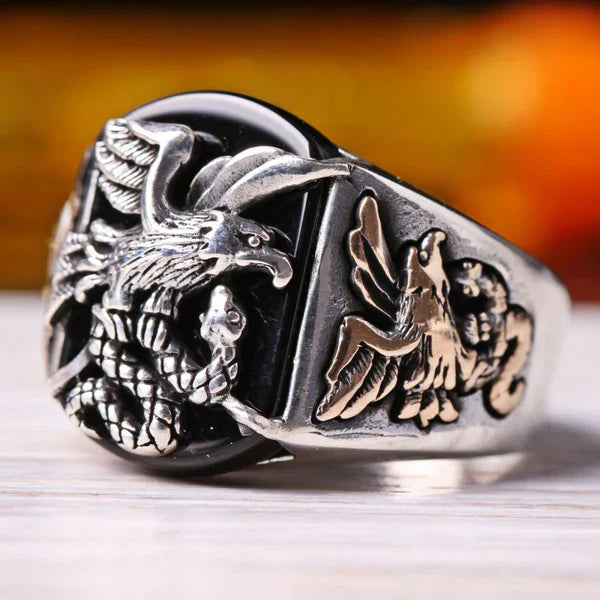 Silver Freedom Eagle Style Onyx Stone Mens Ring Main image