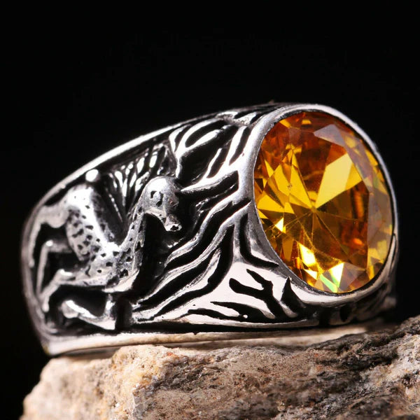Silver Gazelle Style Yellow Citrine Stone Mens Ring Secondary image