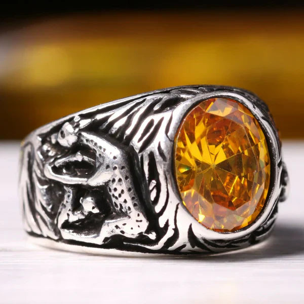 Silver Gazelle Style Yellow Citrine Stone Mens Ring Main image